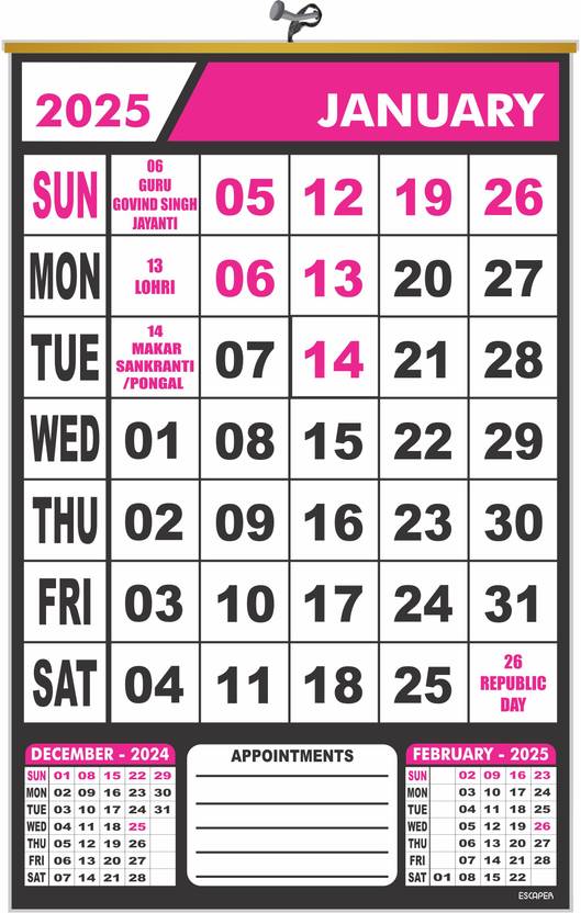 ESCAPER Home Office 2025 Wall Calendar Indian Holidays 2025 Wall