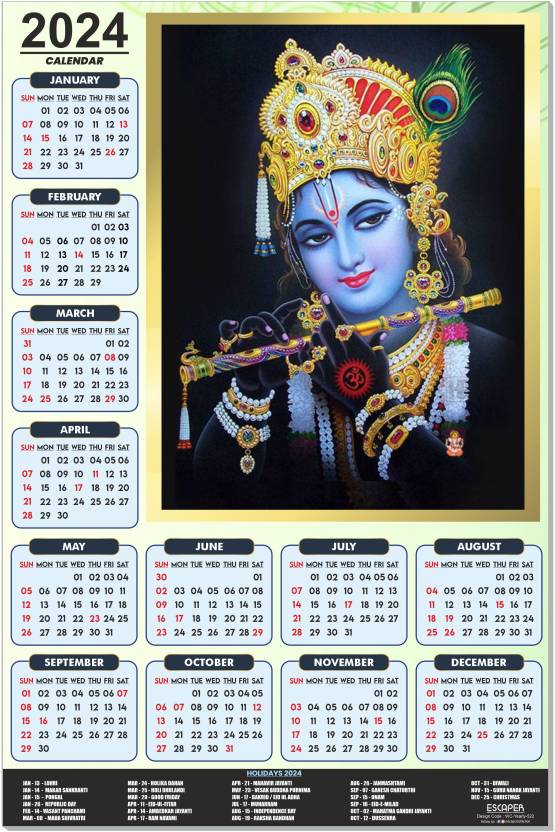 ESCAPER Black Theme Lord Krishna Calendar 2024 for office & home 2024