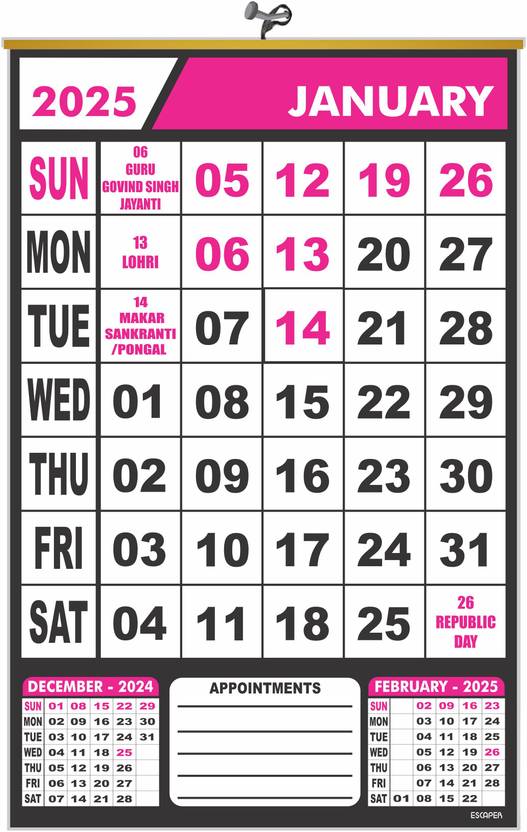 ESCAPER 2025 Wall Calendar with Indian Holidays, Easy Hanging, Perfect