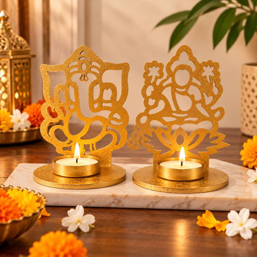 Artisyn Set Of 2 Golden Metal Lord Ganesha And Goddess Lakshmi Shadow Tea Light Holders Iron Tealight Holder
