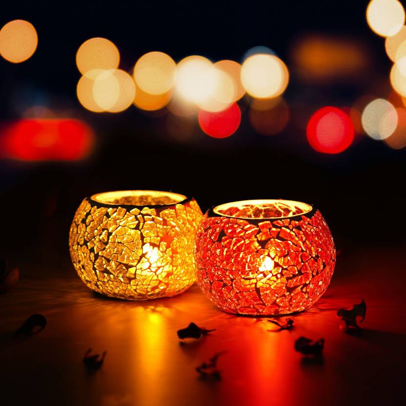 Artisyn Yellow & Red Set of 2 Mosiac Glass Decorative Tea Light Holder/diya Glass Tealight Holder