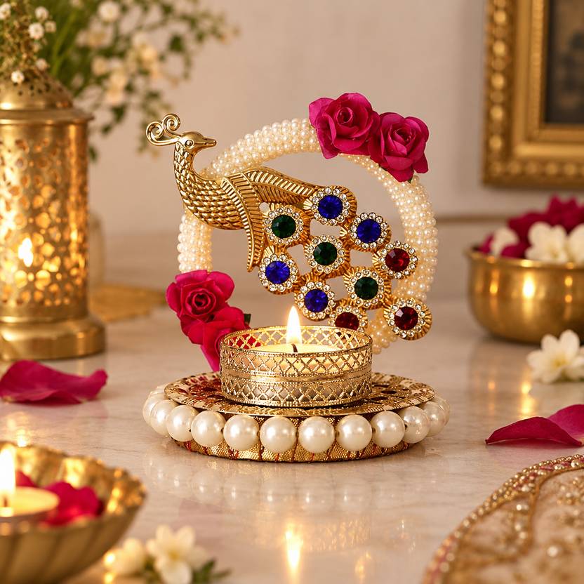 Artisyn Metal Peacock With Stones Handcrafted Tea Light Holder Iron 1 - Cup Tealight Holder