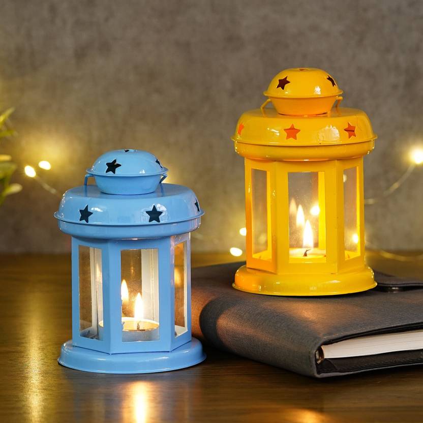 Artisyn eCraftIndia Set of 2 Blue and Yellow Tea Light Holder Lantern Iron Tealight Holder