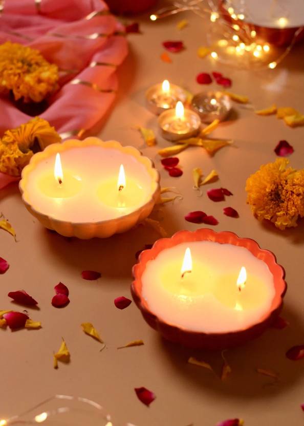 Weaving Homes Ceramic Floral Candles - Rose & Marigold for Diwali, Home Decoration Candle
