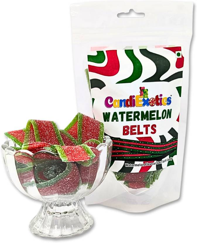CANDIEXOTICS Vegan Gummy Candy Belts Strips Sour Soft Candies Watermelon Sour Candy Price in