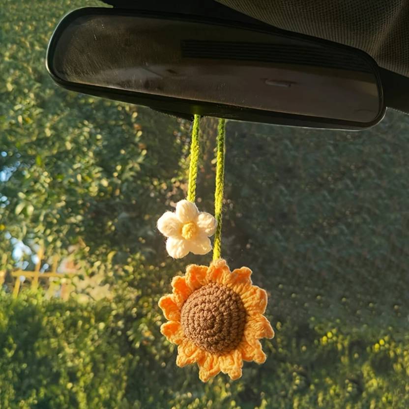 Snowys Shop Crochet Sunflower Daisy Car Hanging for Girls Women- Cute Rear View Mirror Car Hanging Ornament