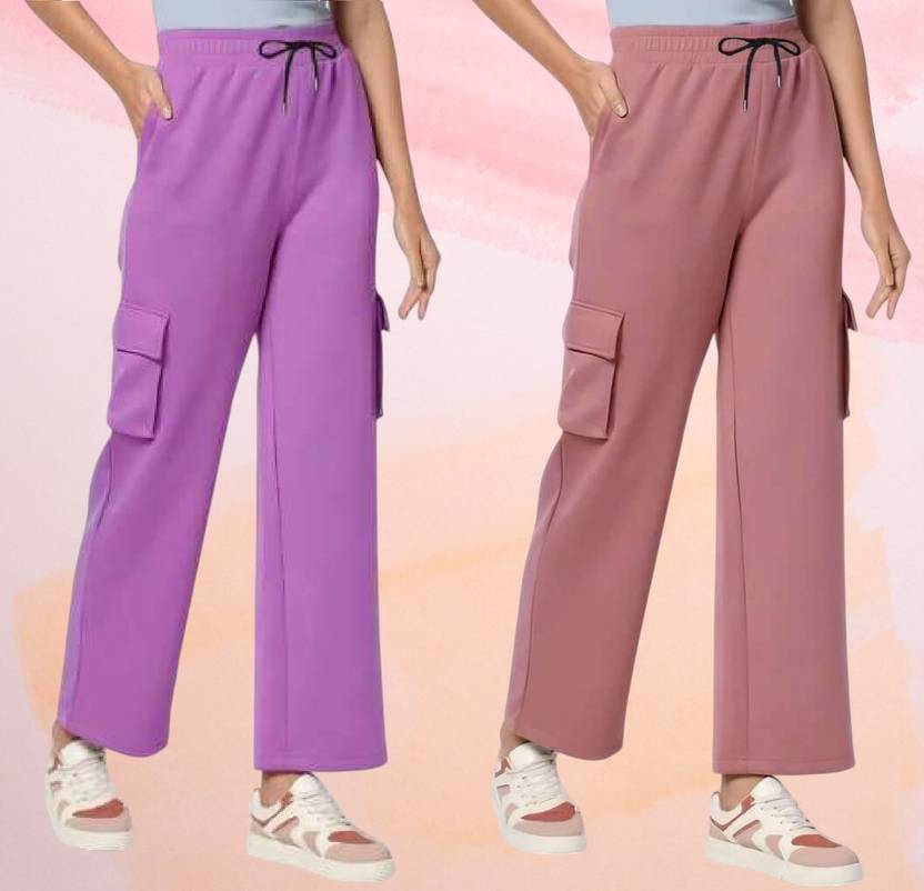 bfb Pack of 2 Women Loose Fit Pink, Purple Lycra Blend Trousers