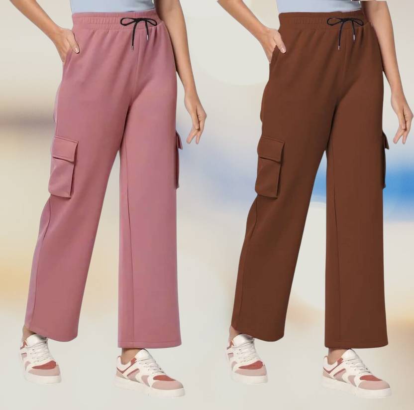 bfb Pack of 2 Women Loose Fit Purple, Brown Lycra Blend Trousers