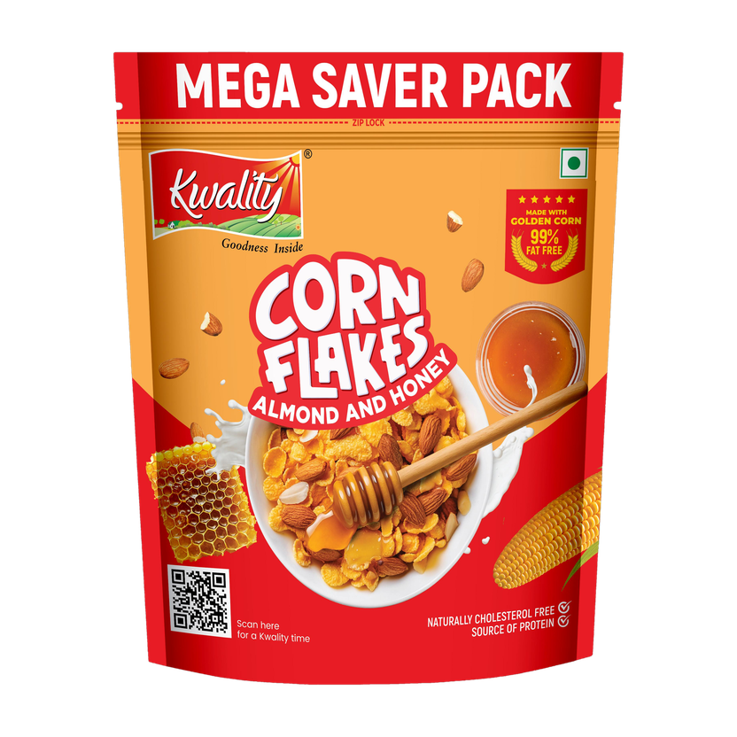 Kwality Corn Flakes Real Almond & Honey, 99% Fat Free, Breakfast