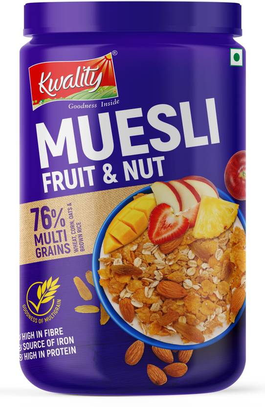 Kwality Crunchy Muesli Fruit & Nut, 76 Multigrains, High in Fibre & Protein, Breakfast Jar