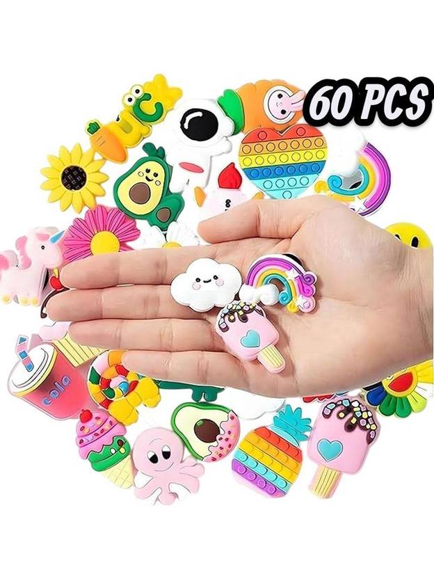 Newvent 60 PCS Decorative Cartoon Shoe Charms for Crocs Shoes Cute Cartoon Designs Rubber Charm Set