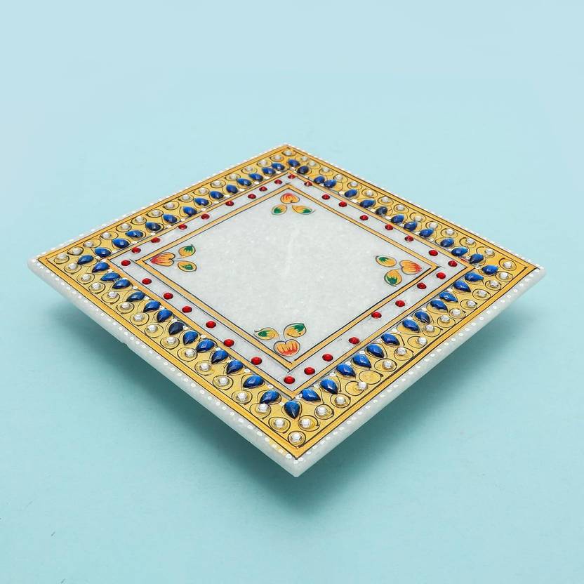 Artyog Meena Work Marble Chowki Gold 6 Inch Decorative Puja Stand for Mandir Marble All Purpose Chowki