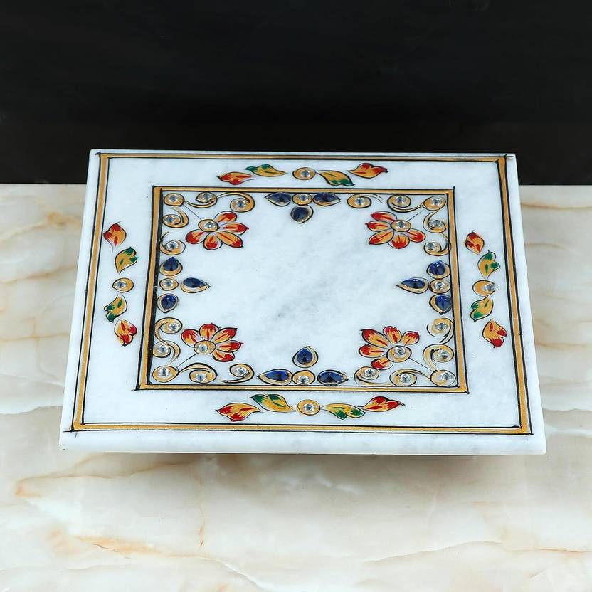Artyog Meena Work Marble Chowki Multicolour 6 Inch Decorative Puja Chowki Stand Marble All Purpose Chowki