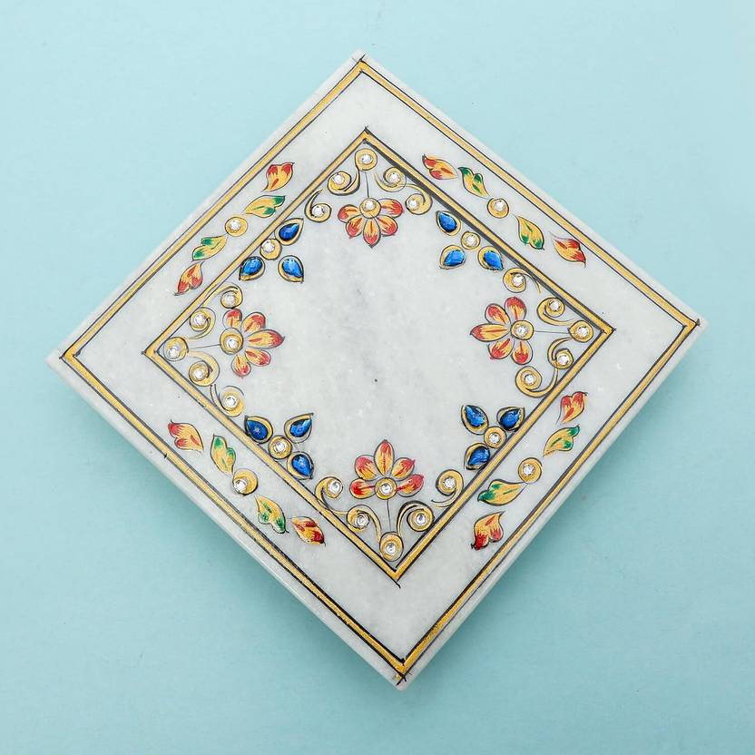 Artyog Meena Work Marble Chowki (15.3 cm x 15.3 cm x 3.8 cm) Marble All Purpose Chowki