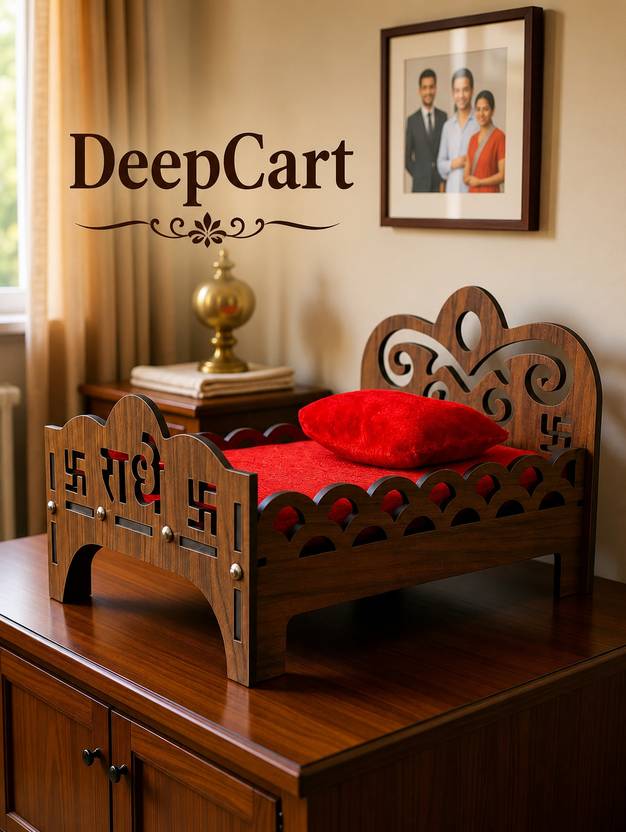 DeepCart Laddu Gopal wooden bed with carved patterns designed Size No. 0-6 Wooden Pooja Chowki