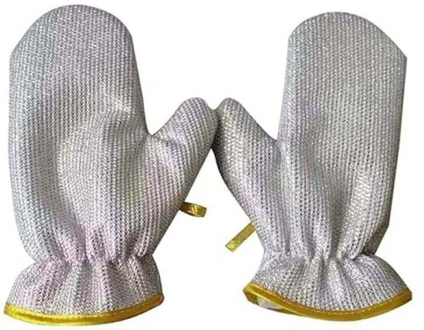 Medium Pack of 2 brickmoon Silver Scrubbing Gloves for Kitchen Cleaning pack of 2 Wet and Dry Glove Set