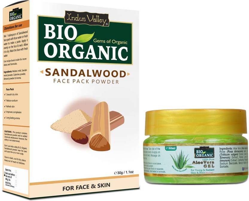 Indus Valley Bio Organic Sandalwood Powder 30gm and Aloe Vera Gel 50ml Multipurpose Use Combo