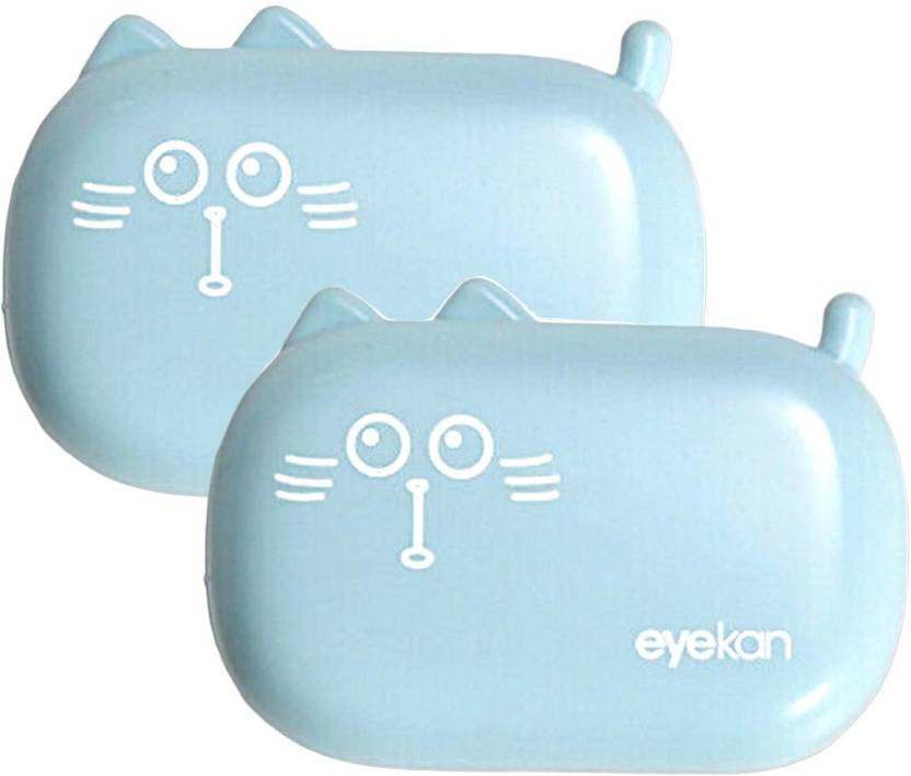 Augen Travel Contact Lens Case Cat Blue with Mirror, Solution Bottle