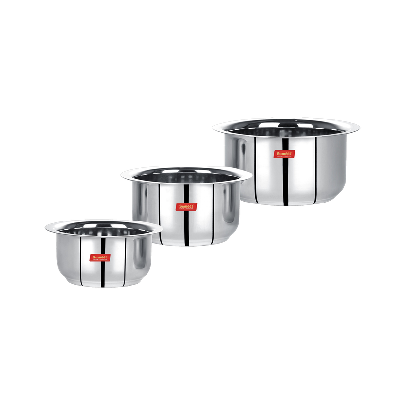 Sumeet Stainless Steel Mini Size Flat Bottom Induction & Gas Stove Friendly Tope / Patila / Cookware Set of 3Pcs (370ML, 550ML, 800ML) Induction Bottom Cookware Set