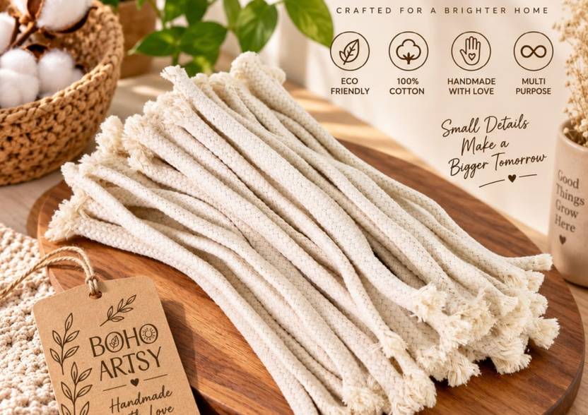 BOHO ARTSY Eco-Friendly Handmade Cotton Wicks for Diya 15 Pcs 6.5 Inch + 1 Free 30 Inch Cotton Wick