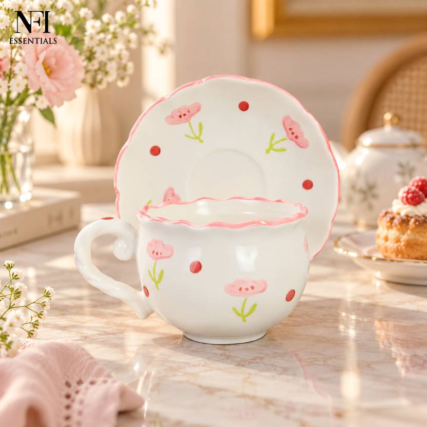 NFI essentials Pack of 1 Ceramic Ceramic Cup & Saucer 1 Set, 330ml Tea/Coffee Cup with Handle