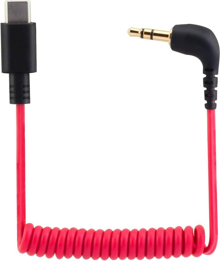 ELFOG AUX Cable 0.17 m Premium Red Spring Coiled Microphone Cable: 3.5mm TRS to Type-C