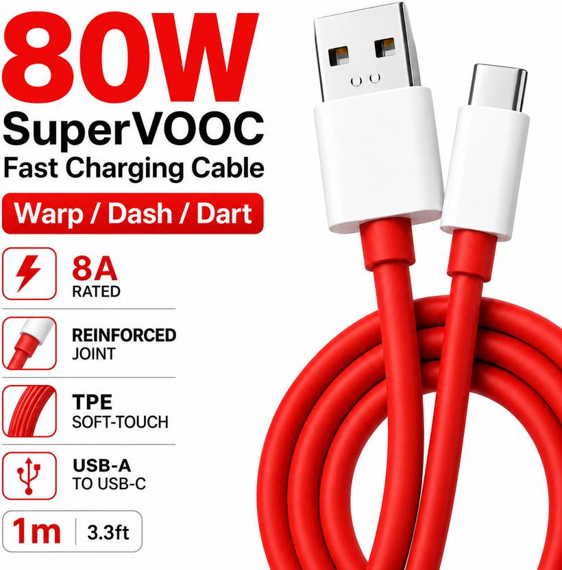 BluewaveIndia USB Type C Cable 8 A 1 m TPE 80W SuperVOOC Warp Fast Charging Cable, USB Type-C to USB-A Cord, 1m TPE