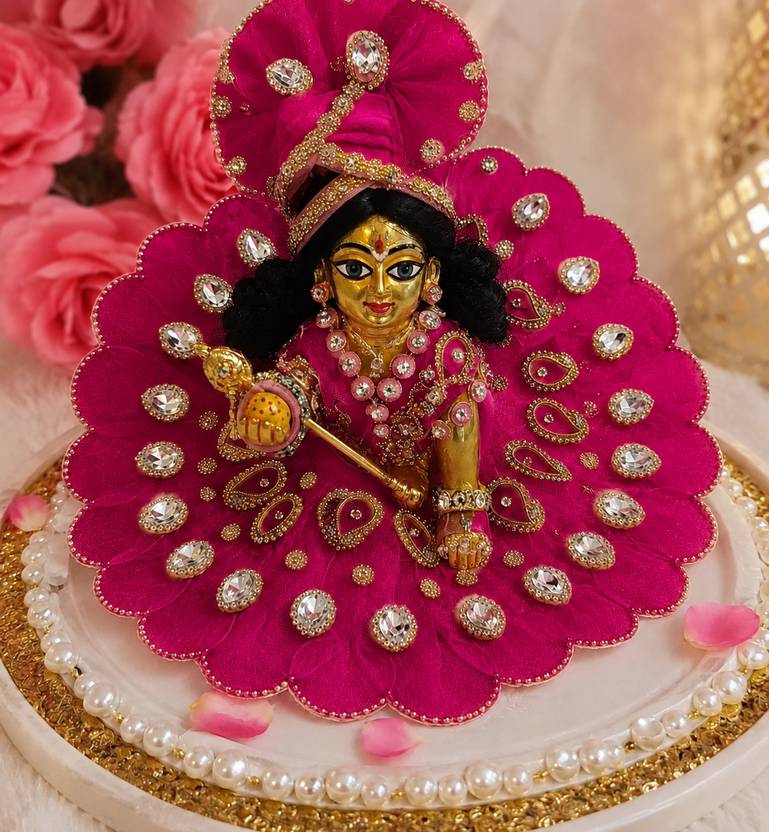 maheshwari innovations Handcrafted Pink Laddu Gopal Poshak Dress with Mukut & Stone Work Dress