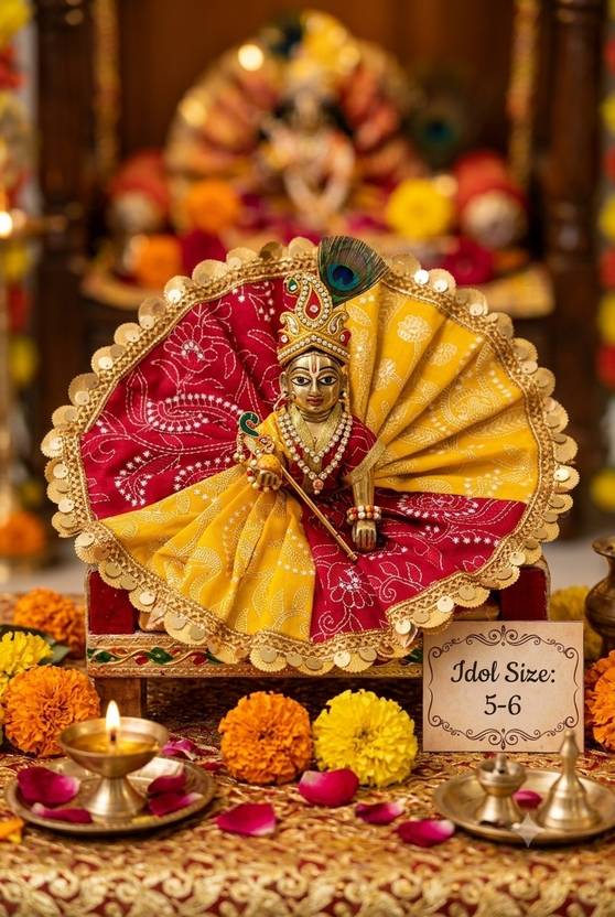 KrishavsDivine Beautiful Pure Cotton Kanha Ji / Laddu Gopal Dress with Golden Lace Border Dress