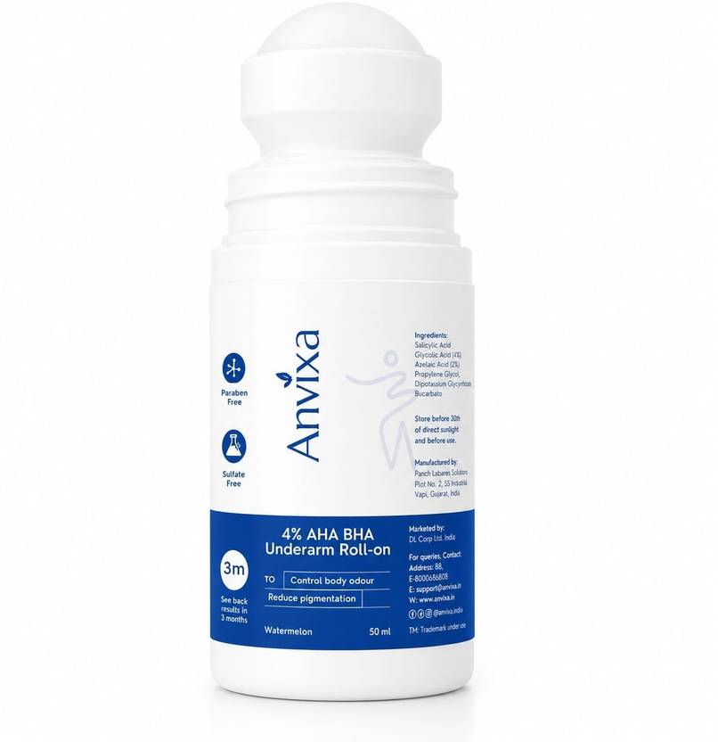Anvixa 4% AHA BHA Underarm Roll On | Reduces Pigmentation & Odour | Aqua Fragrance Deodorant Roll-on  -  For Women