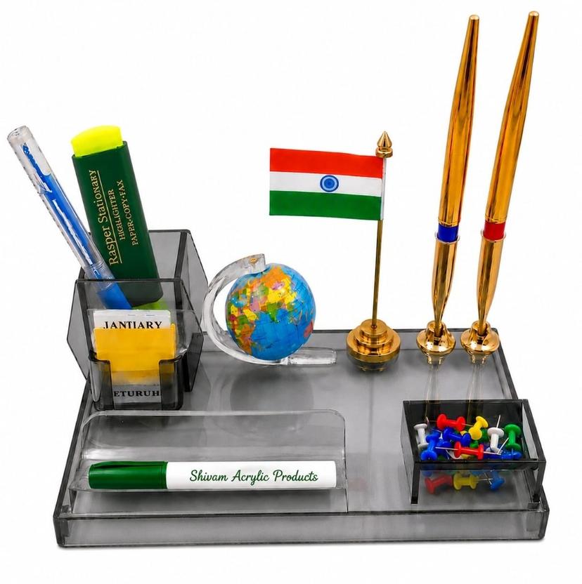 RASPER 2 Compartments Acrylic Pen Stand With Flag