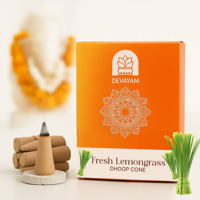 Devayam Hand Made Dhoop Cones, Bhimseni Kapur, Gangajal, Dried Flowers, Fresh Lemongrass Lime Dhoop