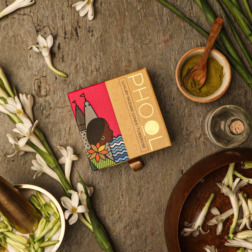 Phool Charcoal Free Tuberose Incense Cones | Handcrafted Dhoop with Temple Flowers Dry Rose Dhoop