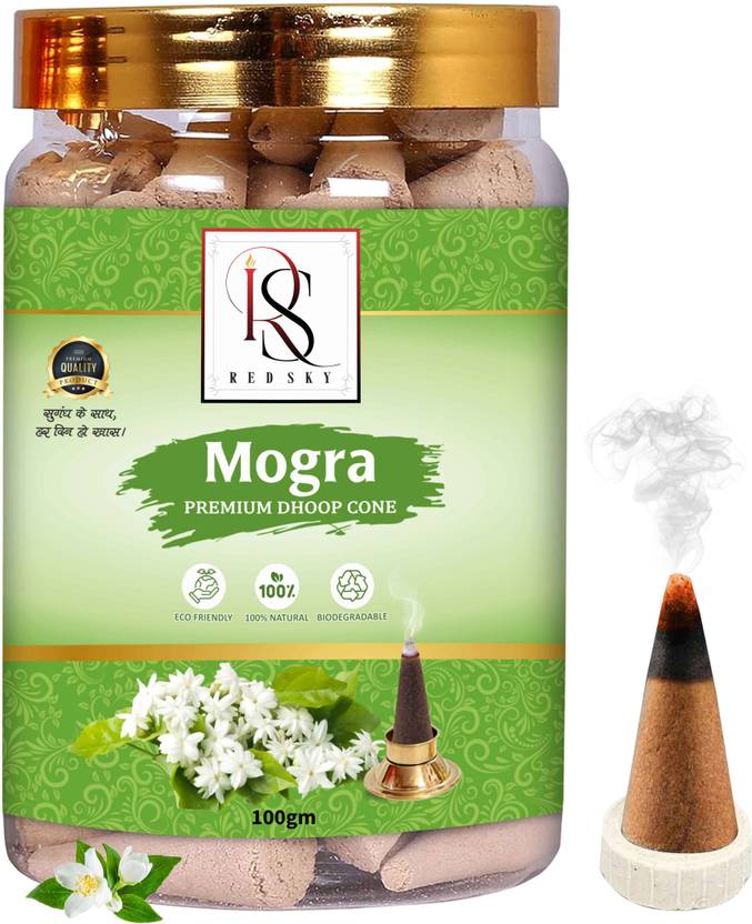 Redsky Mogra Premium Dhoop Cone : No Bamboo | 100% Charcoal-Free | Long-Lasting Jasmine Dhoop