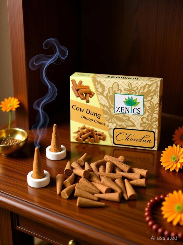 Zenics CHANDAN Dhoop Cones for Pooja Organic Herbal Cow Dung Cones Vaidik dhoop Sandal Dhoop