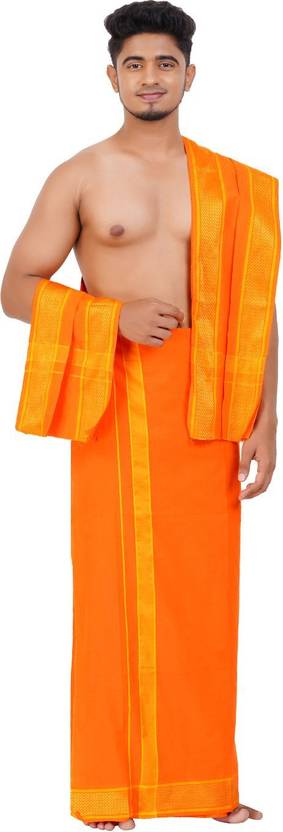 Ethazh Orange Cotton Blend Checked Golden 2 Inch Border Single Layer with Angavastram Solid Men Dhoti