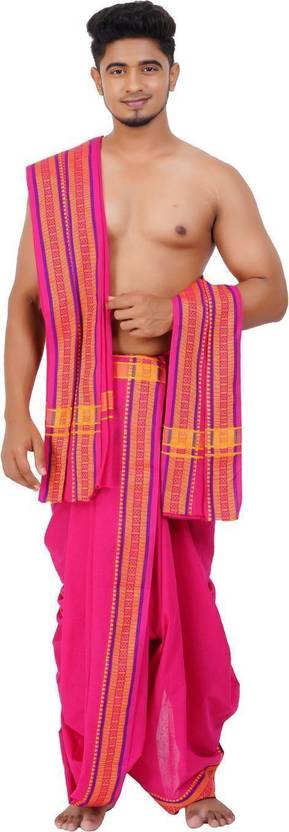 Ethazh 9x5 Dhoti Angavastram Set for Men Cotton Blend Chakra Border Solid Men Dhoti