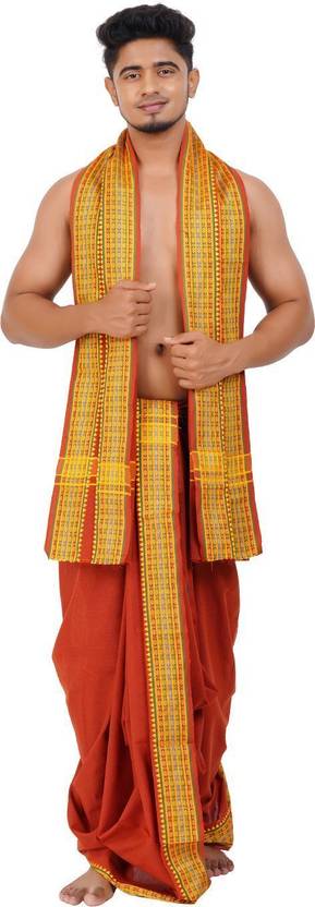 Ethazh 9x5 Dhoti Angavastram Set for Men Cotton Blend Chakra Border Solid Men Dhoti