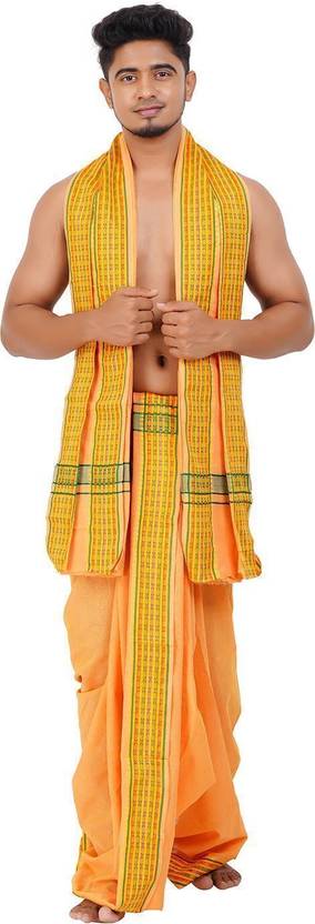 Ethazh 9x5 Dhoti Angavastram Set for Men Cotton Blend Chakra Border Solid Men Dhoti