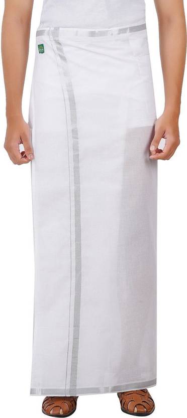 Ethazh Cotton White Solid Silver Zari Border Adjustable Dhoti for Men Solid Men Dhoti