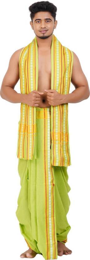Ethazh 9x5 Dhoti Angavastram Set for Men Cotton Blend Chakra Border Solid Men Dhoti
