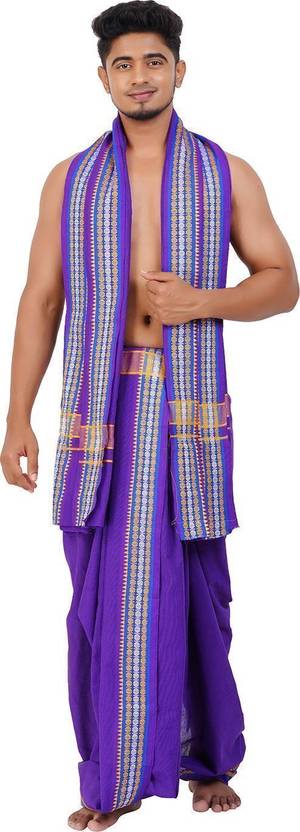 Ethazh 9x5 Dhoti Angavastram Set for Men Cotton Blend Chakra Border Solid Men Dhoti