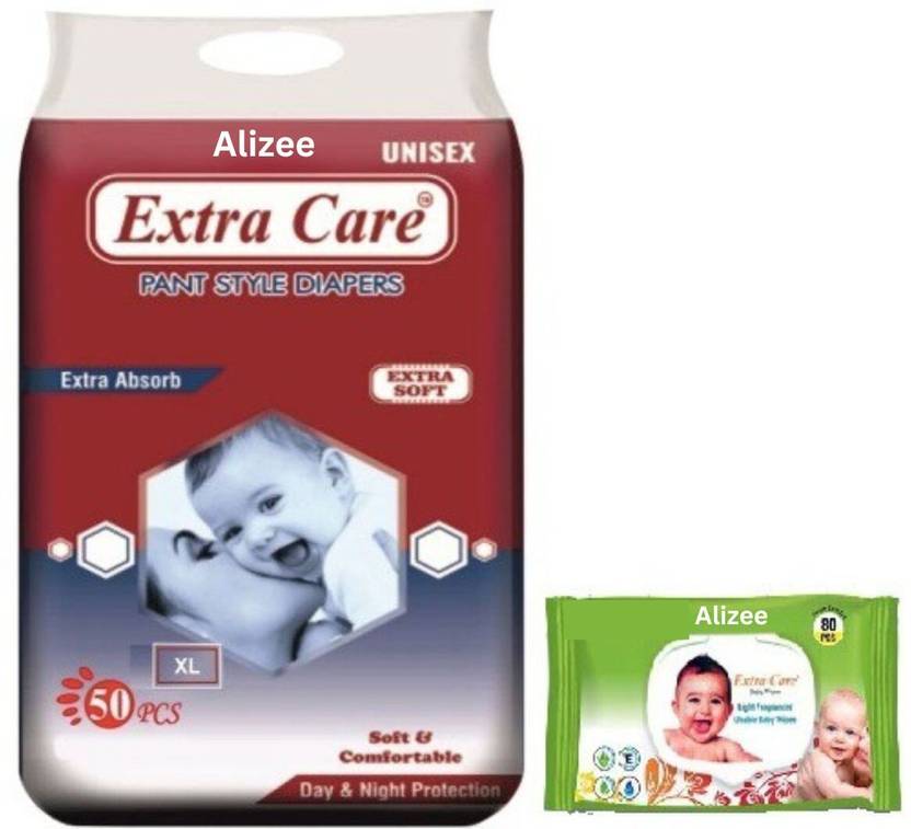 alizee Extra Care XL size diaper 50 piece + Baby Wipes (80 wipes) Pant Diapers - XL