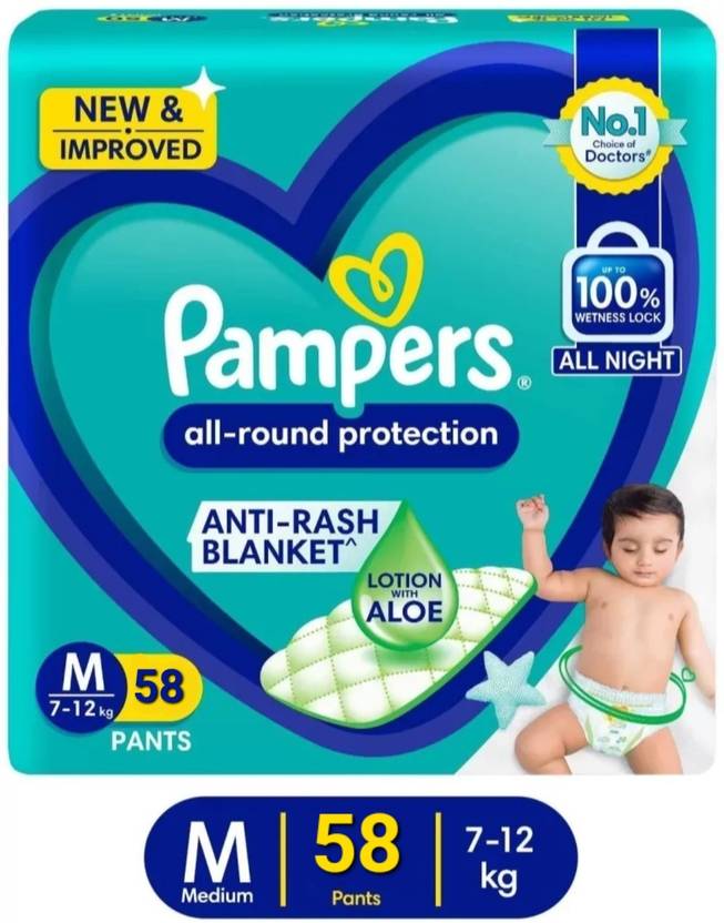 Pampers Medium size baby diapers 58 diaper, Lotion with Aloe Vera M 58