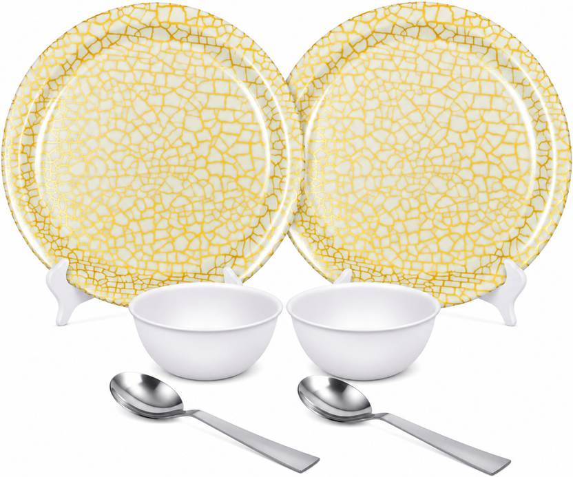 Ariya Pack of 2 Melamin 11 Inch 2 Dinner Plate with 2 White Bowls & 2 Spoon Dinner Set