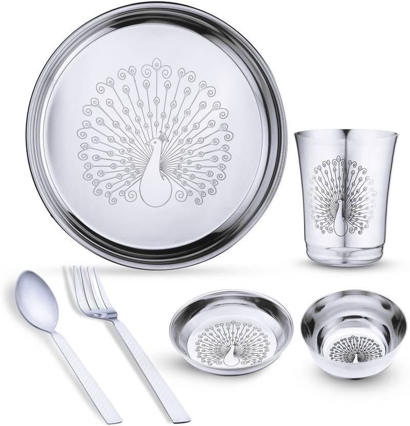 LIMETRO STEEL Pack of 6 Stainless Steel Laser Printed Flawer Design (Serves 1) Dinner Set