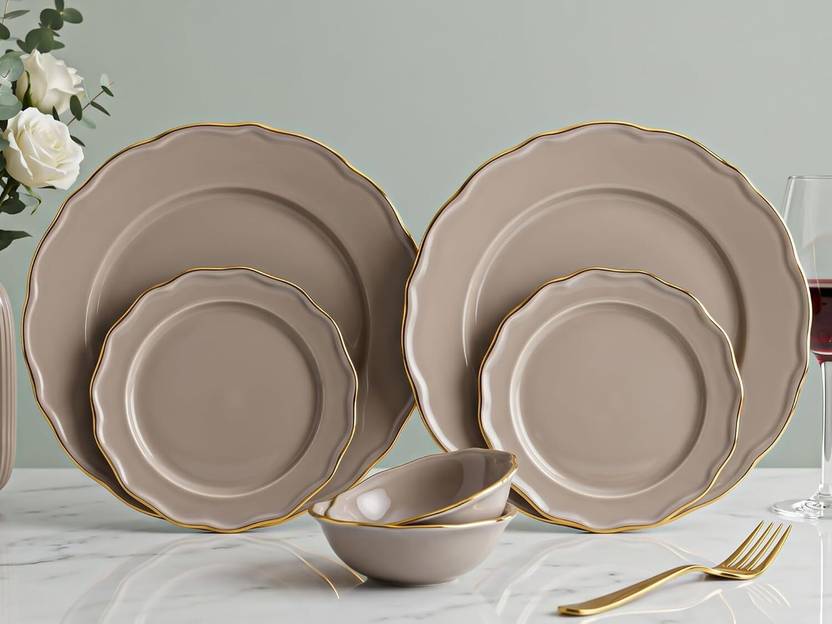 Bodhi House Pack of 6 Porcelain GOLD RIM THUNDER GREY Dinner Set