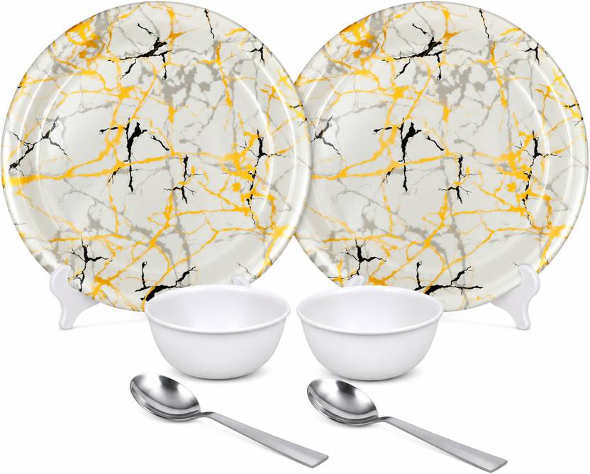 Ariya Pack of 6 Melamin 11 Inch 2 Dinner Plate with 2 White Bowls & 2 Spoon Dinner Set