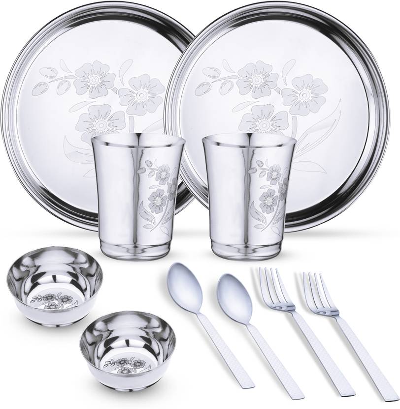 LIMETRO STEEL Pack of 10 Stainless Steel Laser Printed Flower (Serves 2) Dinner Set