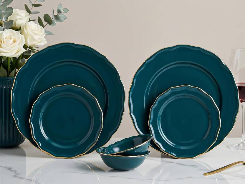 Bodhi House Pack of 6 Porcelain Gold Rim Teal Dinner Set